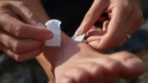 soin d'une ampoule au pied avec pansement hydrocolloïde en randonnée