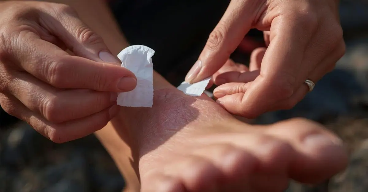 soin d'une ampoule au pied avec pansement hydrocolloïde en randonnée